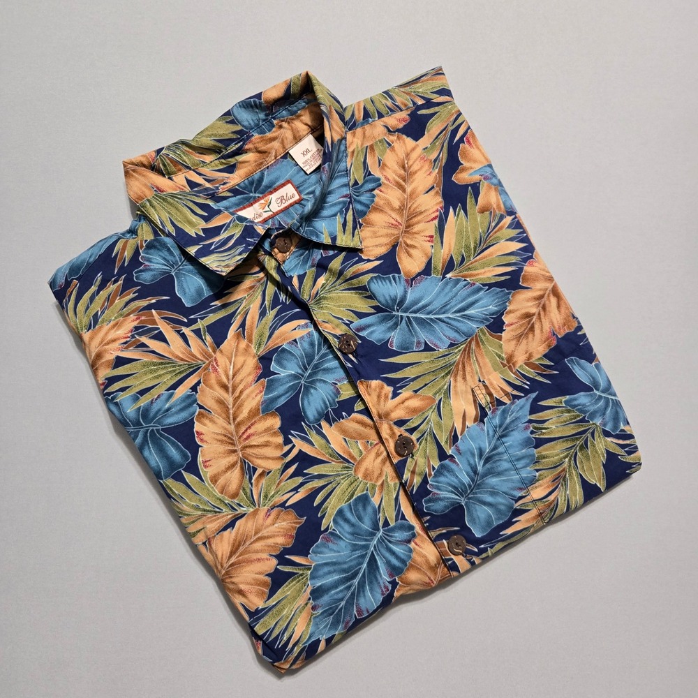 Paradise Blue Hawaiian Shirt Mens XXL Tropical Leaf Button Front Cotton